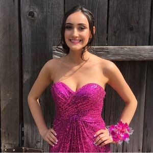 Gorgeous hot pink sequins formal long ball prom gown strapless